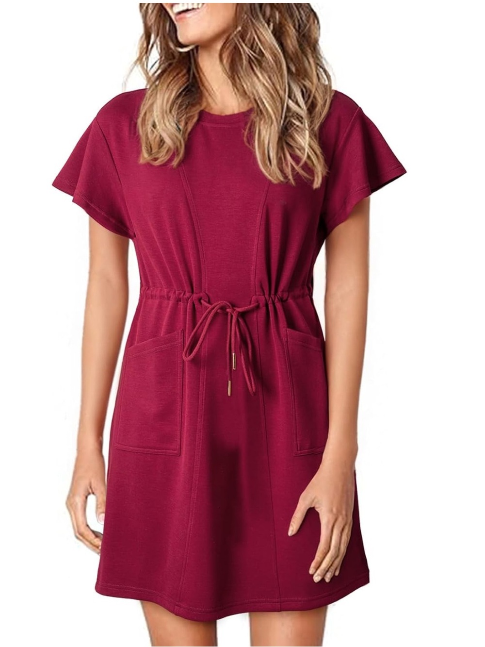 Casual Drawstring Pocket Dress in Burgundy